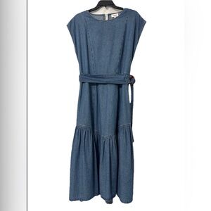 Seed Heritage Tie Up Chambray Tiered Midi Dress with Wooden Ring Belt - Size 10